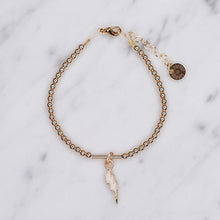 Load image into Gallery viewer, 14k gold filled beads 3mm gold filled bar lightning bolt champagne enamel 24k gold plated wire bracelet with tag and chain