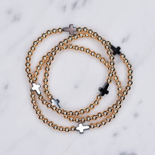 Load image into Gallery viewer, 14k gold filled stretchy elastic beaded 4mm bracelet black hematite stone mini crucifix crosses stackable stack trio