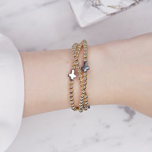 Load image into Gallery viewer, 14k gold filled stretchy elastic beaded 4mm bracelet black hematite stone mini crucifix crosses stackable stack trio on wrist