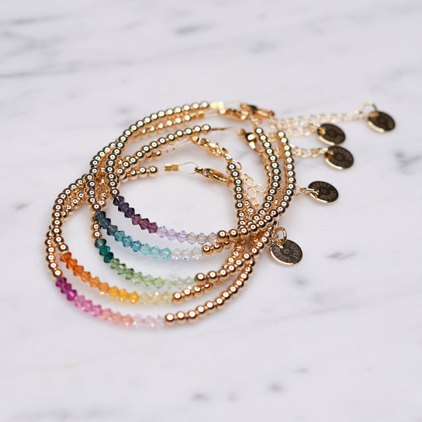 14k gold filled 3mm Swarovski bicone crystal coloured pink red orange green blue aqua purple wire chain bracelet