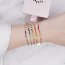 Load image into Gallery viewer, 14k gold filled 3mm Swarovski bicone crystal coloured pink red orange green blue aqua purple wire chain bracelet on wrist