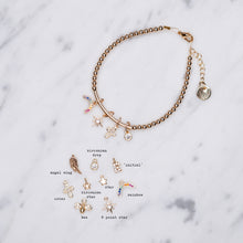 Load image into Gallery viewer, 14k gold filled beaded micro charm bar bracelet bracelet on wire chain with jewellery tag rainbow cubic zirconia 8 point star outline cross zirconia droplet drop dangling loose 24K labelled charm choice bee angel wing initial micro pave