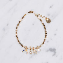 Load image into Gallery viewer, 14k gold filled beaded micro charm bar bracelet on wire chain bracelet with jewellery tag rainbow cubic zirconia 8 point star outline cross zirconia droplet drop dangling loose 24K