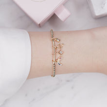 Load image into Gallery viewer, 14k gold filled beaded micro charm bar bracelet on wire chain bracelet with jewellery tag rainbow cubic zirconia 8 point star outline cross zirconia droplet drop dangling loose 24K on wrist