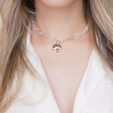 Load image into Gallery viewer, 14k gold plated smiley face big charm star eye white opal and clear crystal quartz chain necklace natural stone healing crystals micro gold beads necklace on neck blonde girl