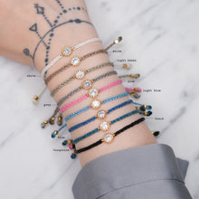 Load image into Gallery viewer, 24k gold plated cubic zirconia braided polyester nylon friendship bracelet various colours labelled bezelled stone water resistant