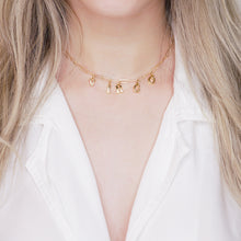 Load image into Gallery viewer, 24k gold plated virgo necklace custom word personalised initial letters charm paper clip necklace chain on neck blonde girl