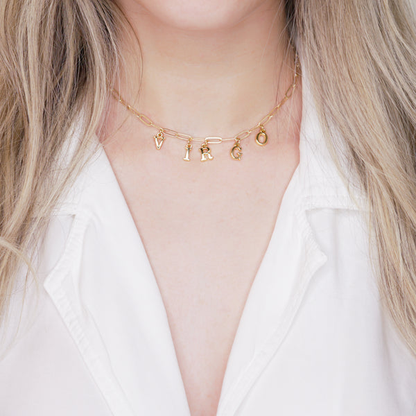 24k gold plated virgo necklace custom word personalised initial letters charm paper clip necklace chain on neck blonde girl