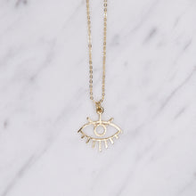 Load image into Gallery viewer, 24k gold plated evil eye statement chain charm pendant necklace on marble
