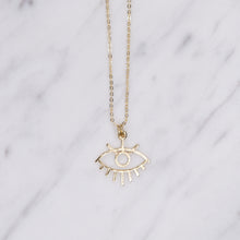 Load image into Gallery viewer, 24k gold plated evil eye statement chain charm pendant necklace on marble