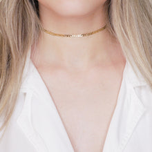 Load image into Gallery viewer, 24k gold plated simple greek style chain necklace lobster clasp collar on blonde woman neck neckline
