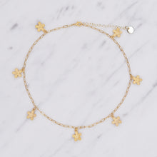 Load image into Gallery viewer, 24k matte gold plated daisy chain paper clip chain necklace dangling charms lobster clasp