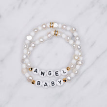 Load image into Gallery viewer, freshwater pearl and glass bead white stretch elastic bracelets 24k gold plated rondelle sparkle angel baby acrylic black letter beads on marble
