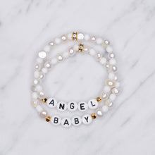 Load image into Gallery viewer, freshwater pearl and glass bead white stretch elastic bracelets 24k gold plated rondelle sparkle angel baby acrylic black letter beads on marble