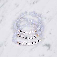 Load image into Gallery viewer, 24k gold plated blue lace agate natural stone healing bracelet gold plated personalised affirmation custom healing bracelet gold plated word phrase chip beads on marble
