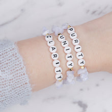 Load image into Gallery viewer, 24k gold plated blue lace agate natural stone healing bracelet gold plated personalised affirmation custom healing bracelet gold plated word phrase chip beads on marble on wrist