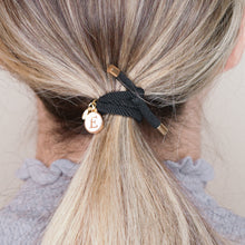 Load image into Gallery viewer, charm hair bands hair ties various colours enamel white initial with tag on jewellery black on blonde long hair balayage highlights girl