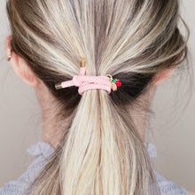 Load image into Gallery viewer, charm hair bands hair ties various colours enamel red strawberry with tag on jewellery pink on blonde long hair balayage highlights girl