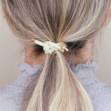Load image into Gallery viewer, charm hair bands hair ties various colours enamel mint light green with tag on jewellery bee matte gold on blonde long hair balayage highlights girl