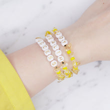 Load image into Gallery viewer, 24k gold plated Citrine natural stone precious stone healing bracelet gold plated personalised bracelet yellow neon chip beads white gold letters words custom on wrist
