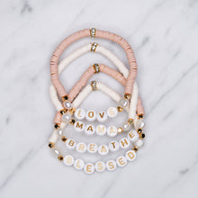 Load image into Gallery viewer, clay heishi bead gold plated personalised bracelets pink white gold letters pearls elastic bracelet salmon pink plastic