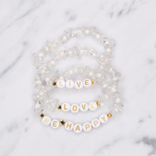 Load image into Gallery viewer, 24k gold plated clear crystal quartz natural precious stone healing stone gold plated bracelet pearl shimmer gold letter beads word on marble