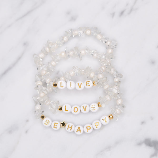 24k gold plated clear crystal quartz natural precious stone healing stone gold plated bracelet pearl shimmer gold letter beads word on marble