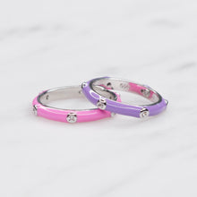 Load image into Gallery viewer, pastel enamel rings silver pink purple cubic zirconia on marble