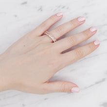 Load image into Gallery viewer, gold eternity ring baguette ring rectangle cubic zirconia micro pave crystal on finger