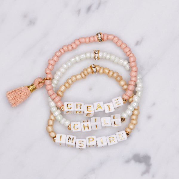 24k gold plated beaded cubic building block letter initial beads charm tassel painted pink beige biscuit white shimmer elastic stretchy gold bracelets create chill inspire affirmation