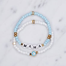 Load image into Gallery viewer, 24k gold plated enamel evil eye blue painted beaded stretchy elastic bracelets mama black letters word customis personalised rondelle gold star