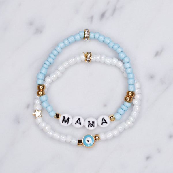 24k gold plated enamel evil eye blue painted beaded stretchy elastic bracelets mama black letters word customis personalised rondelle gold star