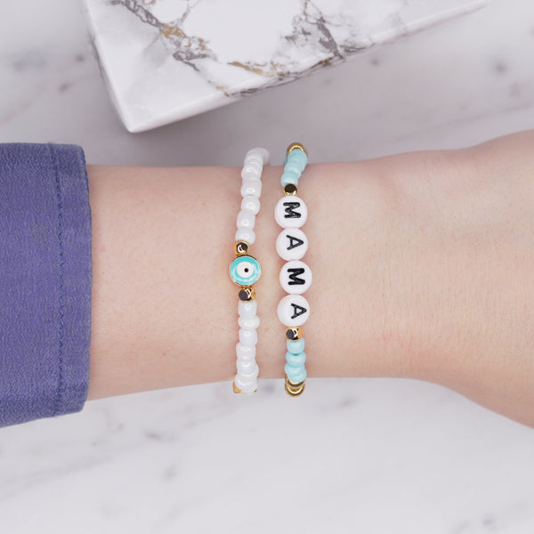 24k gold plated enamel evil eye blue painted beaded stretchy elastic bracelets mama black letters word customis personalised rondelle gold star  on wrist