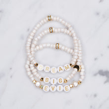 Load image into Gallery viewer, Cloud pink shimmer dream big evie personalised custom word phrase bracelets pearl 24K gold plated moon feature bead accent beads rondelle sparkling gold letter plastic beads on marble