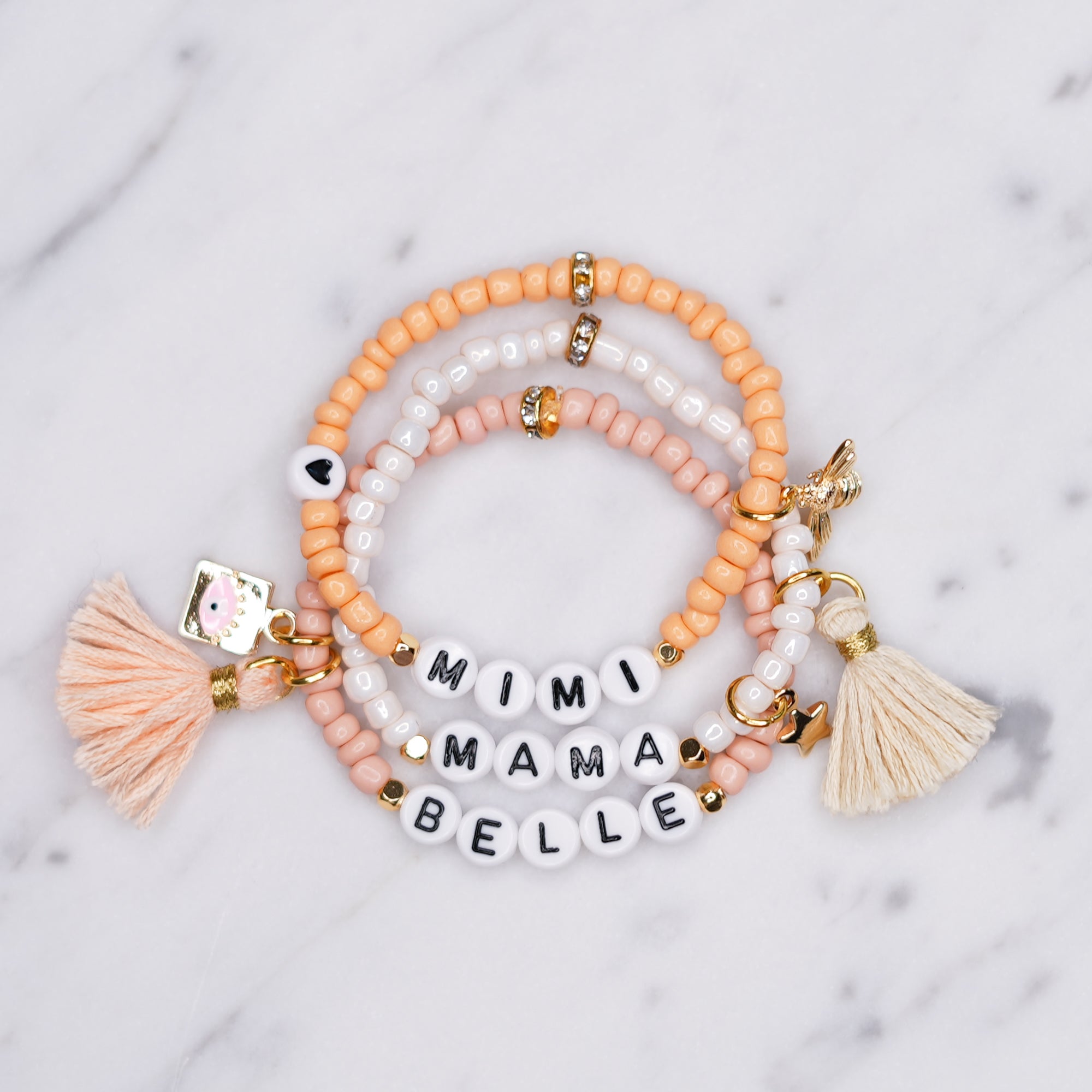 24K Gold Plated Beaded Personalised Words Charm Bracelets Stack
