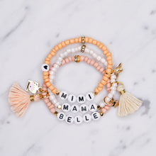 Load image into Gallery viewer, 24k gold plated painted bead elastic bracelets orange coral white shimmer pink enamel gold bee white cream tassel black heart accent feature bead plastic letter beads word personalised custom