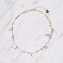 Load image into Gallery viewer, 24k gold plated paper clip chain micro charm necklace bee zirconia initial 8 point star outline cross letters personalised custom