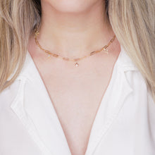 Load image into Gallery viewer, 24k gold plated paper clip chain micro charm necklace bee zirconia initial 8 point star outline cross letters personalised custom on neck