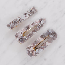 Load image into Gallery viewer, grey tortoise shell resin confetti pattern hair barrette clips 3 different shapes hair slides marble top down