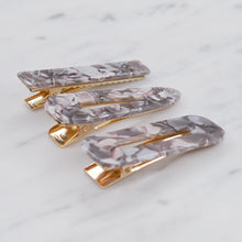 Load image into Gallery viewer, grey tortoise shell resin confetti pattern hair barrette clips 3 different shapes hair slides marble