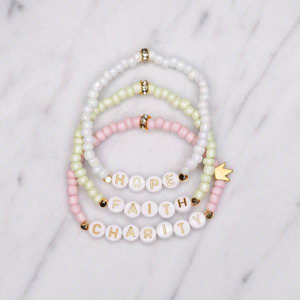 hope faith charity painted glass bead gold plated bracelets 24K matte gold crown pink green white shimmer gold rondelles elastic bracelets custom personalised word and phrases