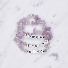 Load image into Gallery viewer, 24K gold plated lilac cape amethyst natural precious stone healing stone gold plated bracelet pearl shimmer black letter beads word on marble