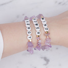 Load image into Gallery viewer, 24K gold plated lilac cape amethyst natural precious stone healing stone gold plated bracelet pearl shimmer black letter beads word on wrist
