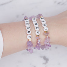 Load image into Gallery viewer, 24K gold plated lilac cape amethyst natural precious stone healing stone gold plated bracelet pearl shimmer black letter beads word on wrist