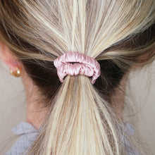 Load image into Gallery viewer, dusty rose pink mulberry silk soft hair tie hair band stretchy and kind to your hair on blonde girl balayage ombre hair