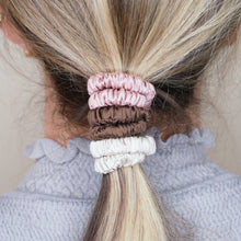 Load image into Gallery viewer, ice cream Neapolitan chocolate brown dusty pink grey warm silver trio three set mulberry silk soft hair tie hair band stretchy and kind to your hair on blonde girl balayage ombre hair
