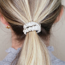 Load image into Gallery viewer, silver warm grey mulberry silk soft hair tie hair band stretchy and kind to your hair on blonde girl balayage ombre hair girl