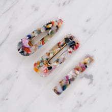 Load image into Gallery viewer, multi coloured pink orange green blue tortoise shell resin confetti pattern hair barrette clips 3 different shapes hair slides marble top down
