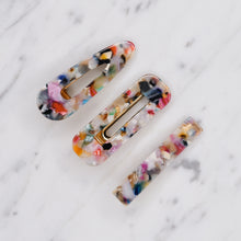 Load image into Gallery viewer, multi coloured pink orange green blue tortoise shell resin confetti pattern hair barrette clips 3 different shapes hair slides marble top down