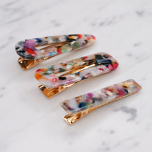 Load image into Gallery viewer, multi coloured pink orange green blue tortoise shell resin confetti pattern hair barrette clips 3 different shapes hair slides marble
